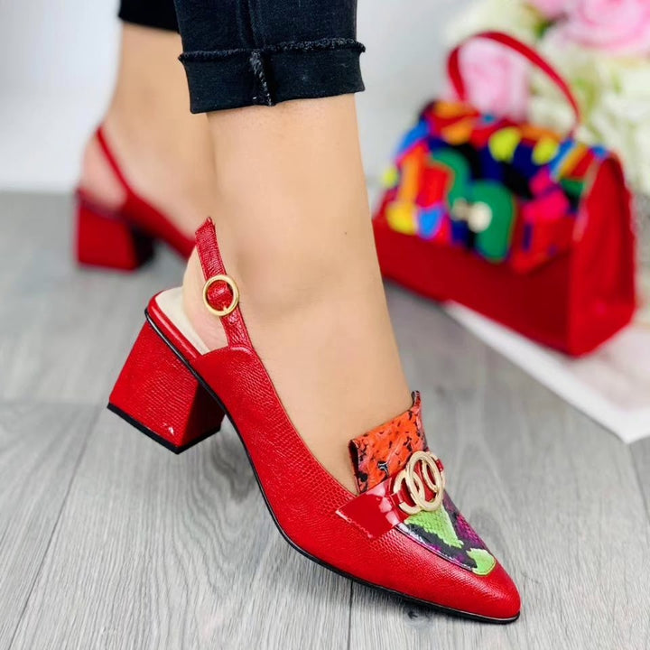 Elegant Red Faux Leather Snake Skin Heels with Golden Chain Deminis Atelier